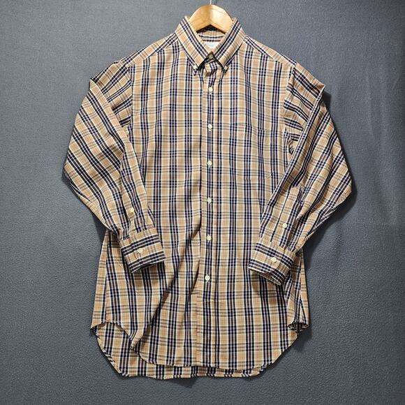 Vintage 80s Mens Shirt Medium Plaid Blue Tan Richard Bennett Office Made in USA - Picture 1 of 7